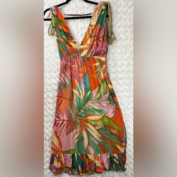 True Destination Women's XS V neck Tropical Leaf Print Midi Sundress - Picture 4 of 10